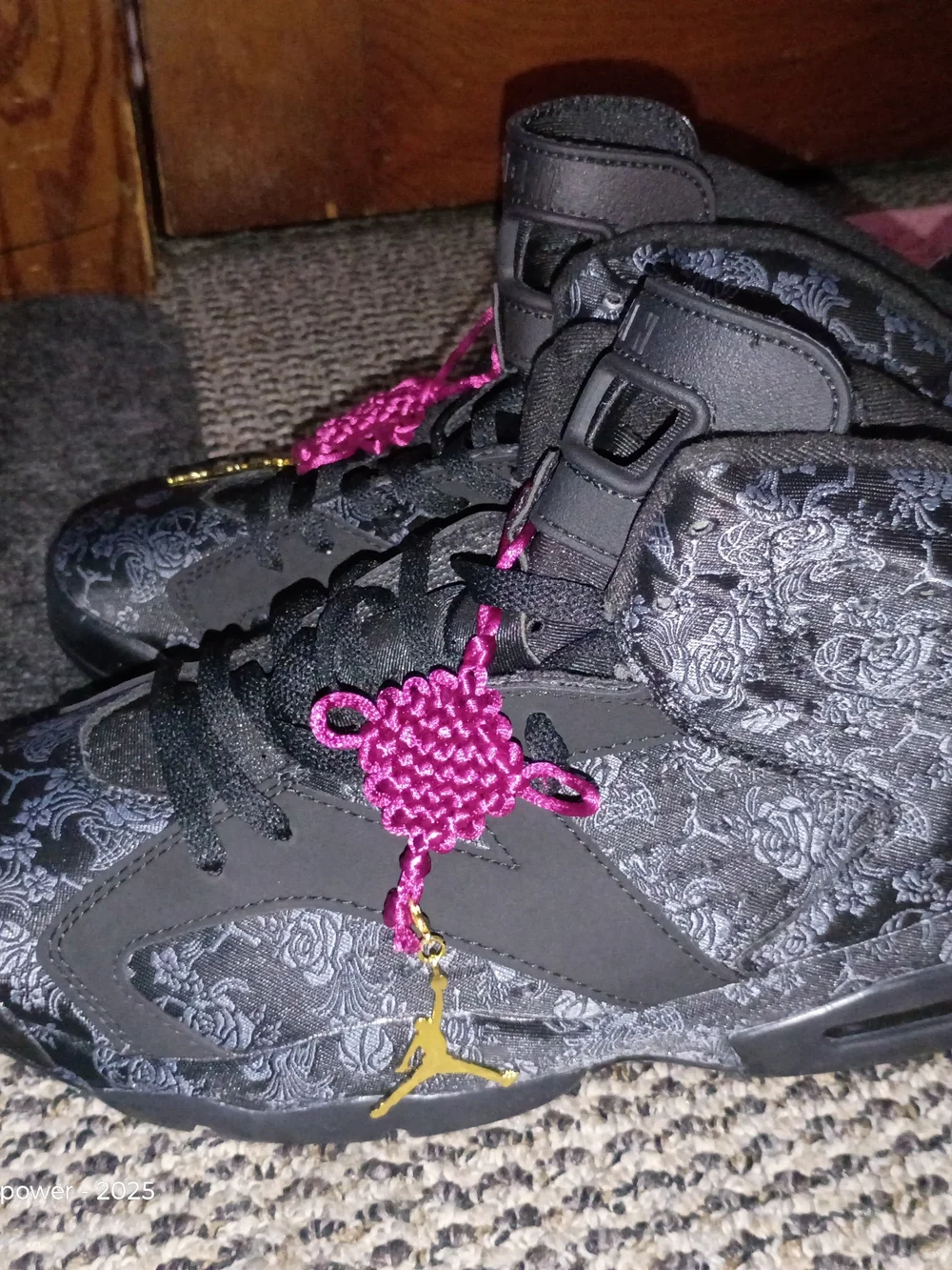 Men's Jordan 6s Black Brocade High-Top Sneakers with Purple Accent